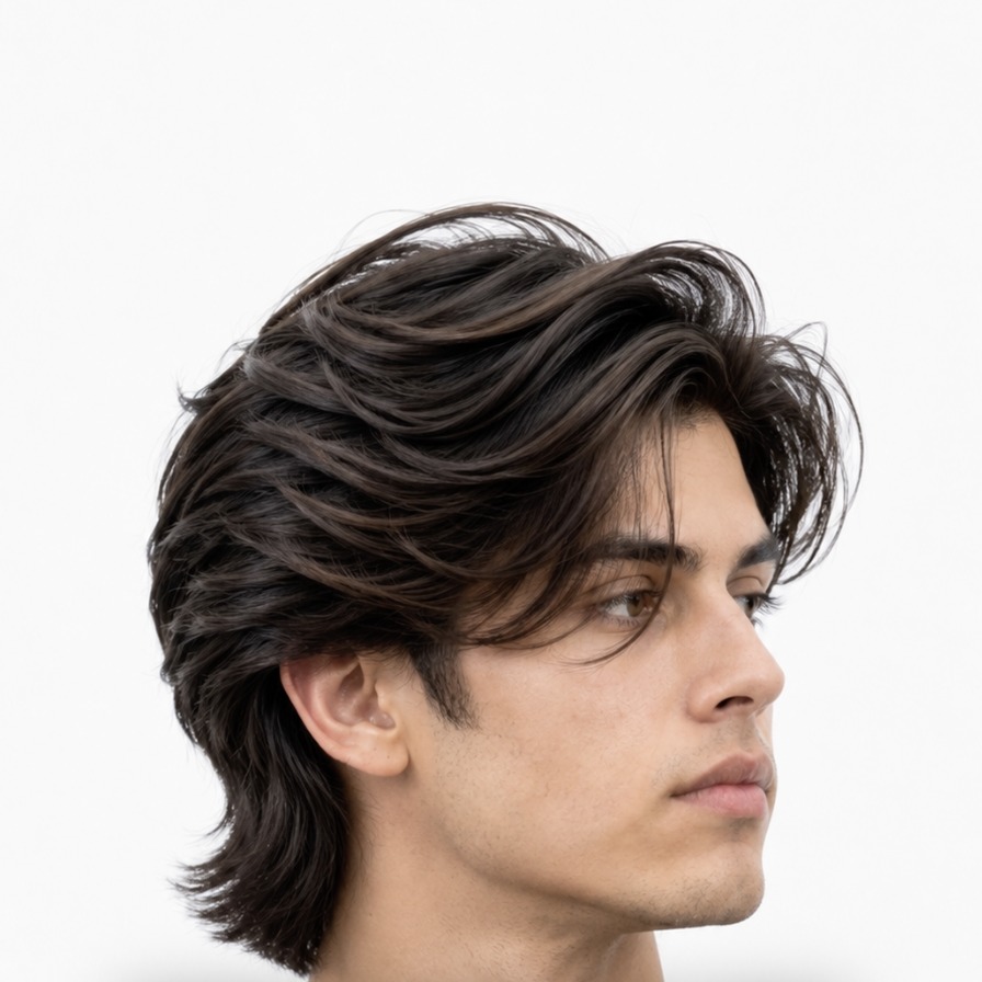 Long textured flow haircut with tapered sides